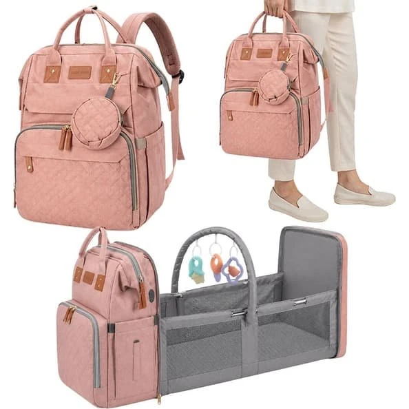 3-i-1 Pusletaske/rygsæk med babyseng, USB, Rosa