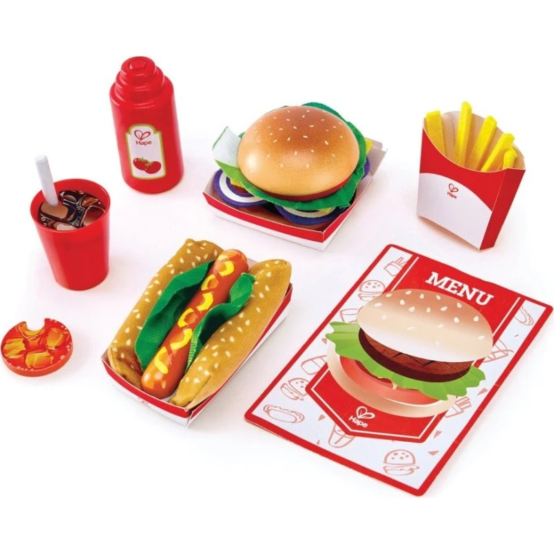 Hape Fastfood legemad i træ og filt – burger & hotdog
