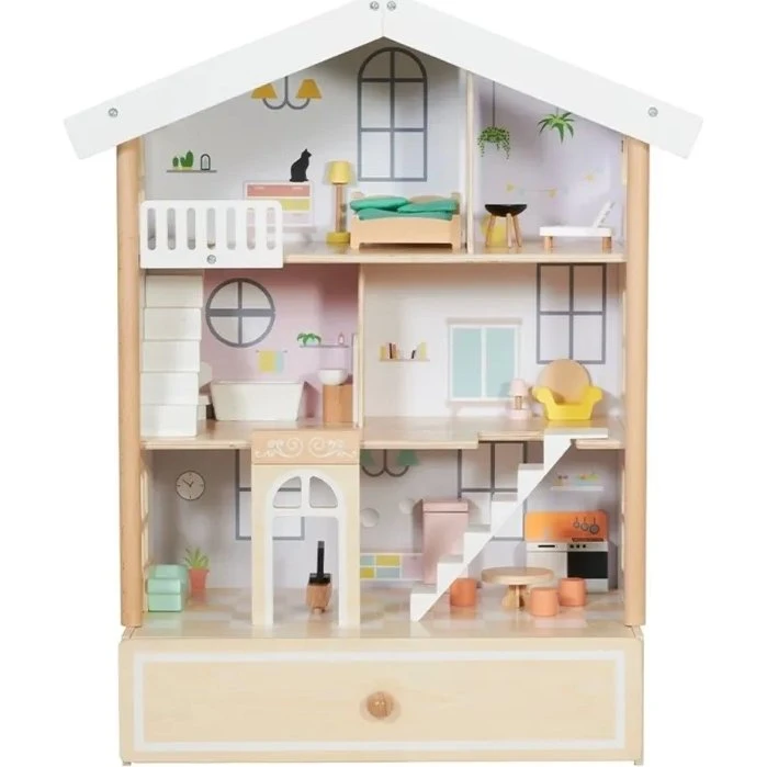 CLASSIC WORLD Dukkehus i naturligt træ, to-etagers med 2 figurer