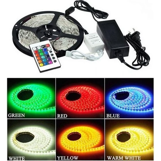 RGB LED strip sæt: 5m, vandtæt IP65, 60 LED, 9,6W med fjernbetjening
