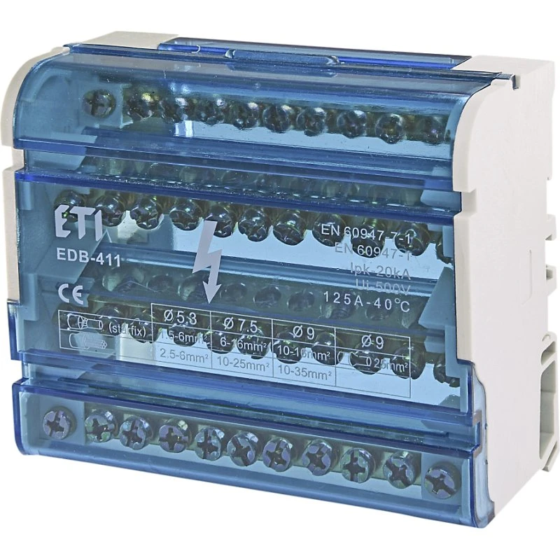Distributionsblok 4p 125A 20kA (4 x 7x1,5-6mm2 + 2x6-16mm2+2x10-16mm2)