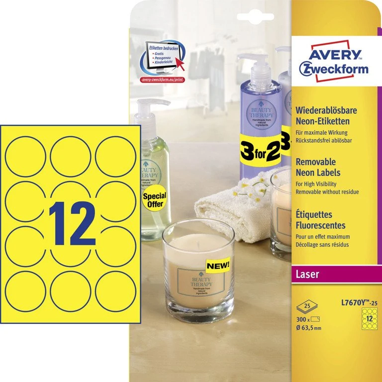 Avery L7670Y Neongule Aftagelige Etiketter Ø63,5mm - 25 ark