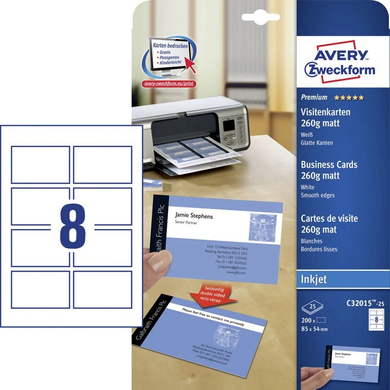 Avery C32015 Visitkort 85x54mm Mat Inkjet 25 ark