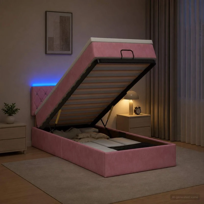 vidaXL Ottoman seng med LED og madras, lyserød velour, 90x200 cm