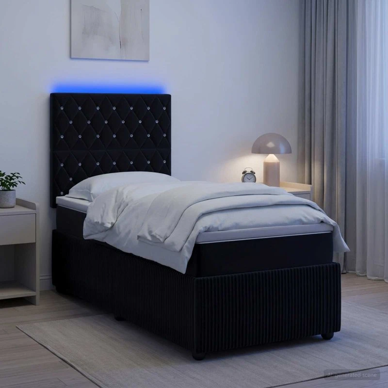 vidaXL LED Boksmadrasseng med madras 90 x 200 cm Sort Fløjl