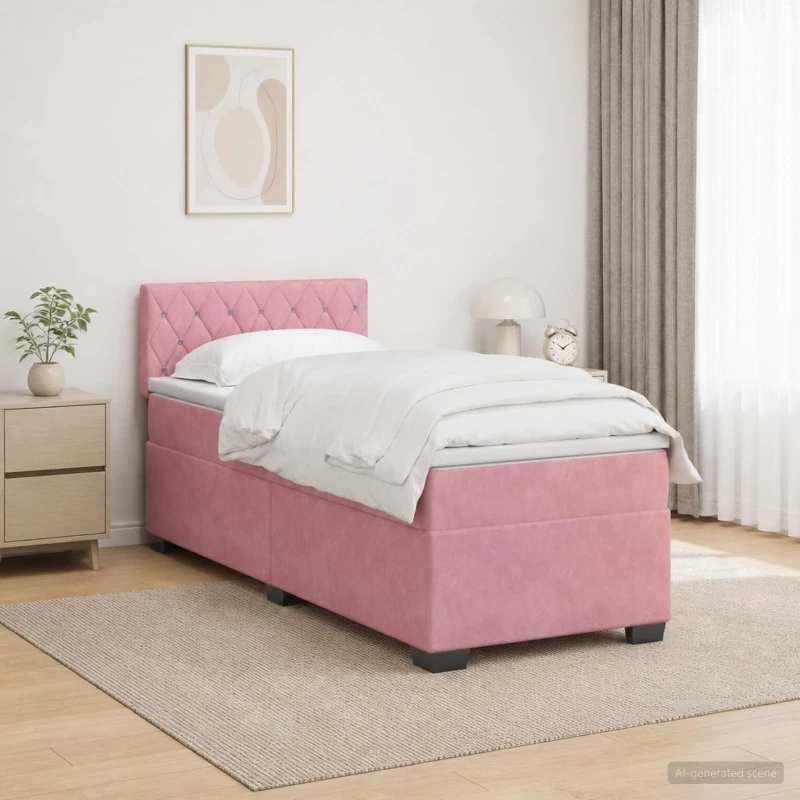 vidaXL Box Spring Seng med LED og Velour, Lyserød, 90 x 200 cm