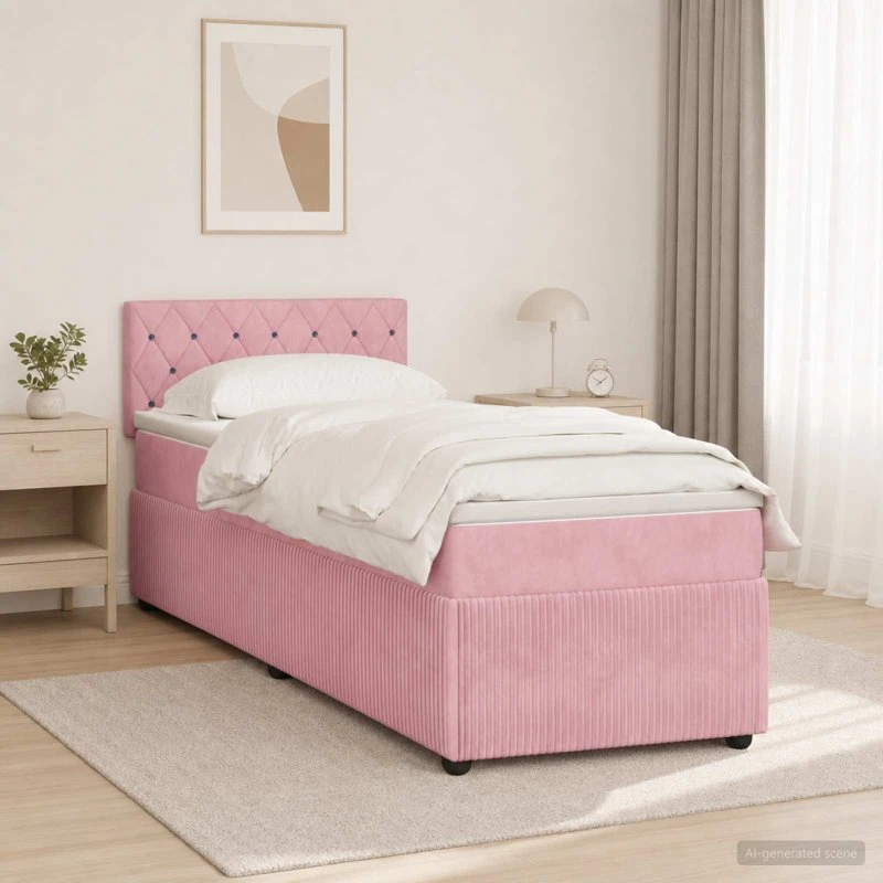 vidaXL Boxmadras med topmadras Lyserød Fløjl 90 x 190 cm