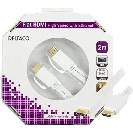 Deltaco fladt HDMI-kabel 2m – Hvid