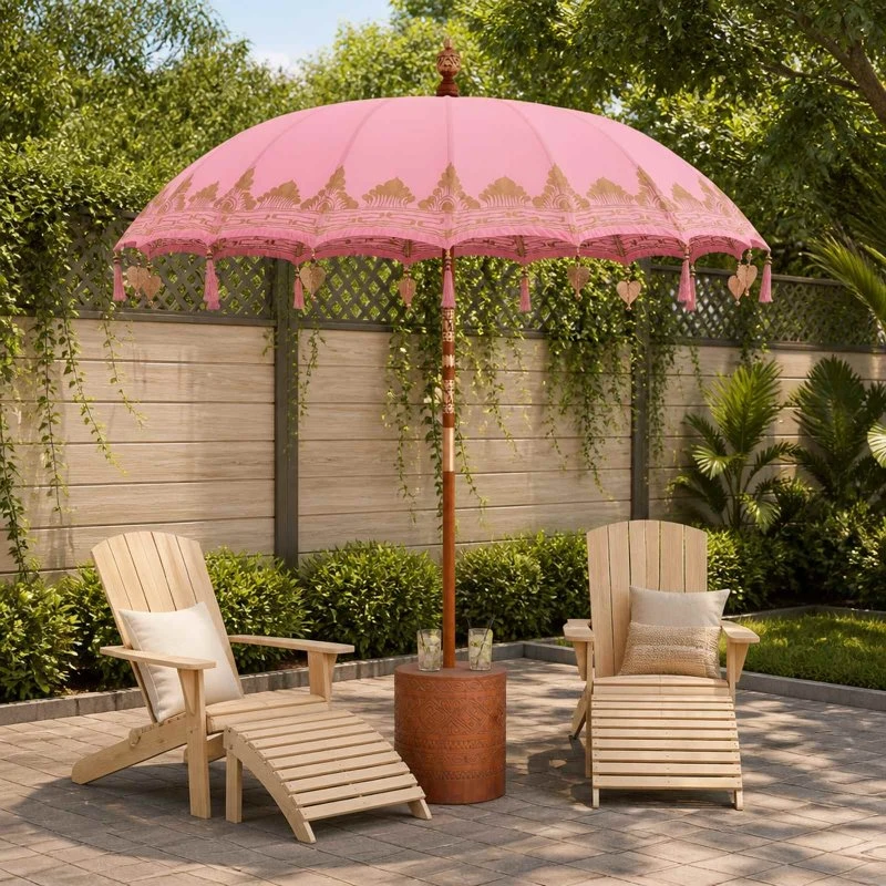 vidaXL Balinesisk parasol med base, Pink/Brun, Ø 210-220 cm