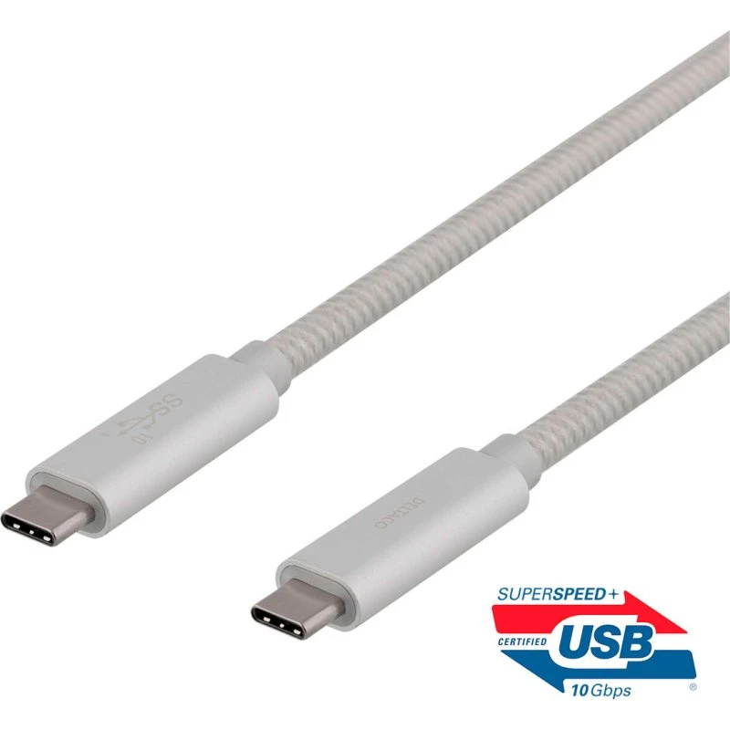 DELTACO USB-C kabel 1m 100W SuperSpeed USB 3.1 Gen2, sølv
