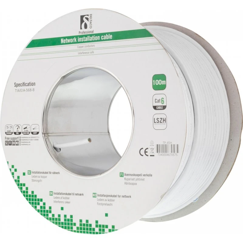 Deltaco Cat6 UTP installationskabel 100m, solid, hvid (LSZH)