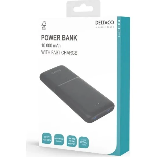 Deltaco Powerbank 10.000 mAh, 2x USB-A 18W + USB-C PD 20W – Sort
