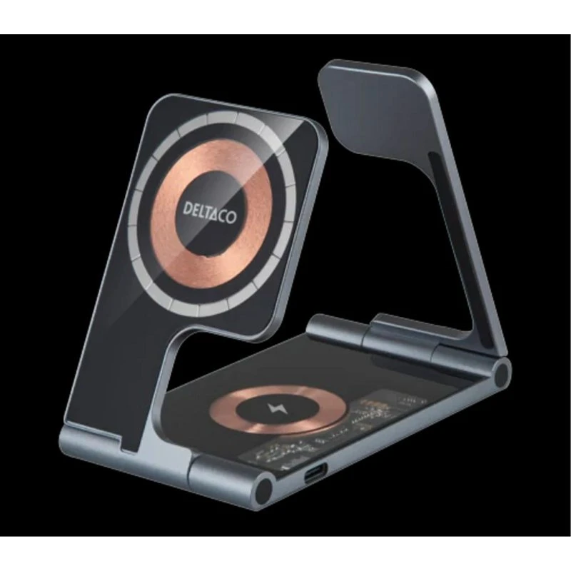 Deltaco 3-i-1 foldbar magnetisk trådløs oplader 15W (iPhone/Watch)