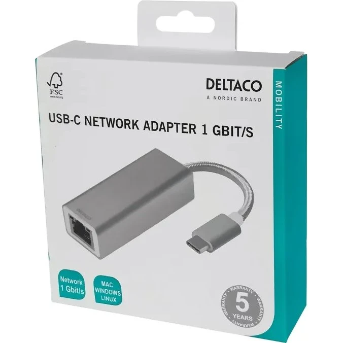 Deltaco PRIME USB-C netadapter Gigabit RJ45, aluminium (sølv)