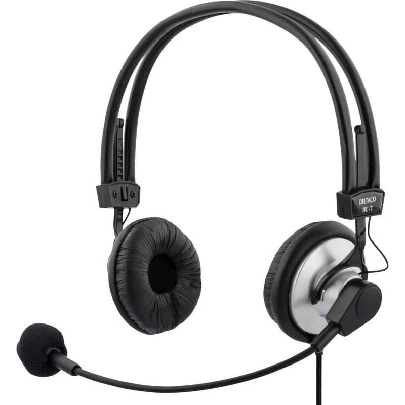 DELTACO Headset 2 m, 2x3,5 mm, boom-mikrofon, volumenkontrol