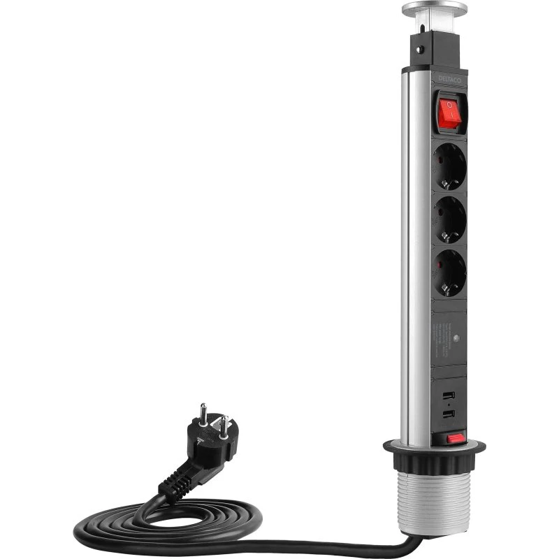Deltaco Pop-Up stikkontakt 3x EU + 2x USB, sort/sølv