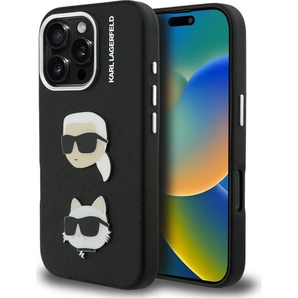 Karl Lagerfeld iPhone 16 Pro Etui - Grained Karl & Choupette Black