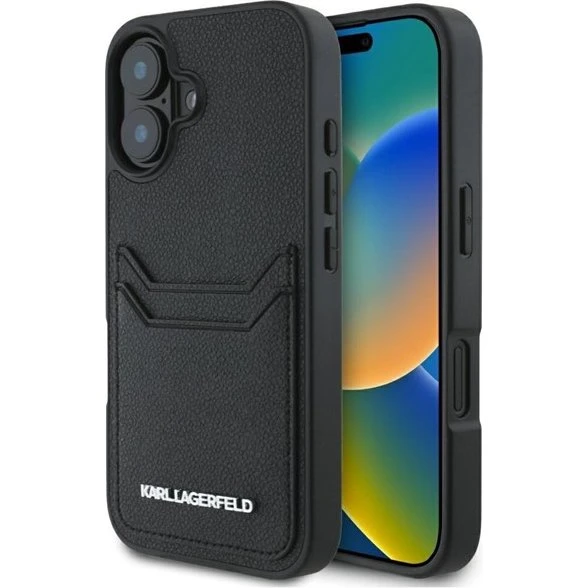 Karl Lagerfeld iPhone 16 Case HC Grained PU Cardslot Metal Elong Black