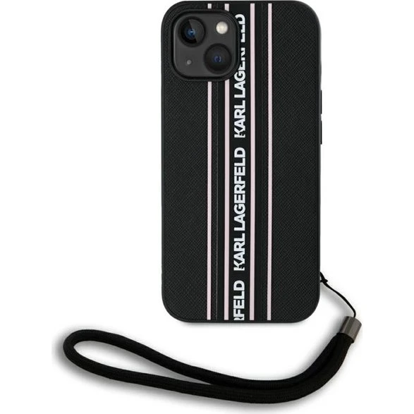 Karl Lagerfeld Saffiano Athleisure Stripes Cord iPhone 15 Case - Pink