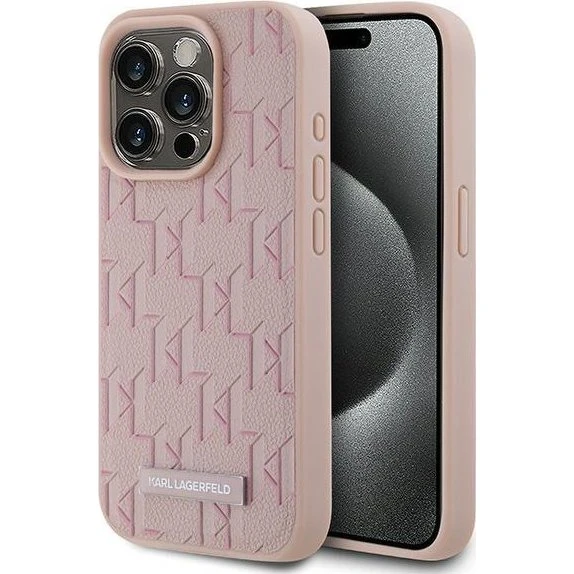 Karl Lagerfeld Leather Monogram Metal Logo Case til iPhone 15 Pro Max - Pink