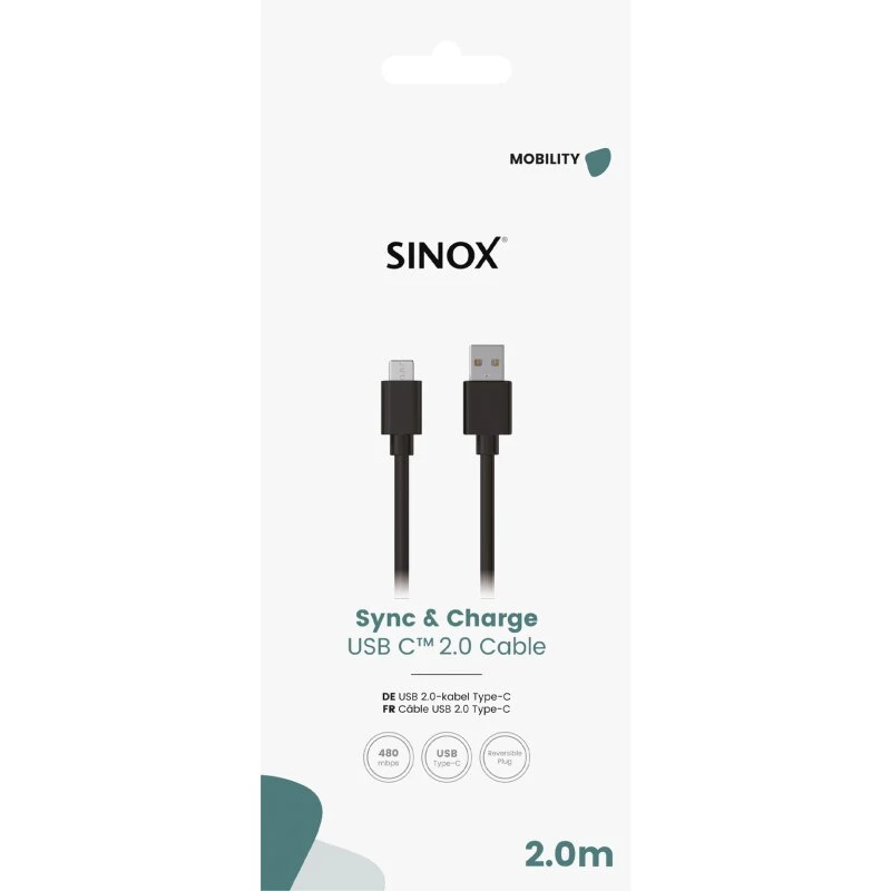Sinox USB C til USB A kabel 2 m - sort