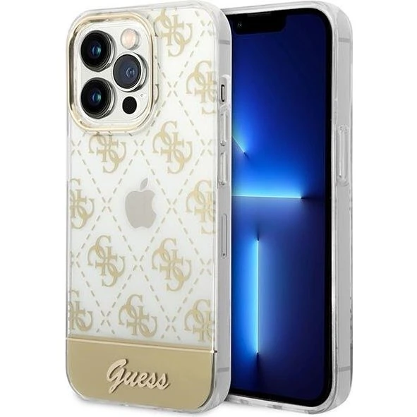 Guess iPhone 14 Pro 6.1" Gold Hardcase med 4G Pattern Script