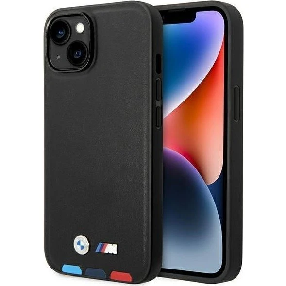 BMW iPhone 14 Plus Cover - Black Leather Stamp Tricolor