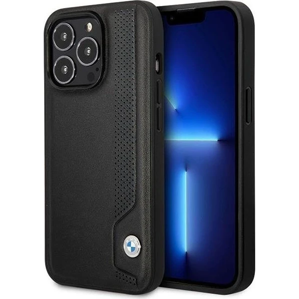 BMW iPhone 14 Pro Max Leather Blue Dots Hardcase - Sort
