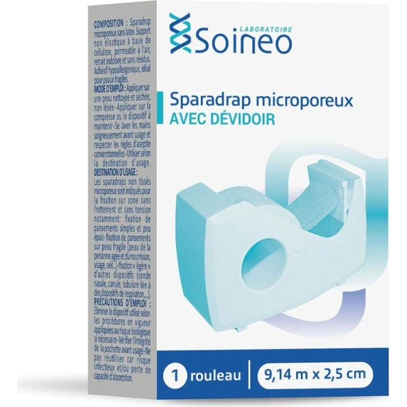 Soineo Mikroporøs Selvklæbende Tape med Dispenser, 9,14 m x 2,5 cm