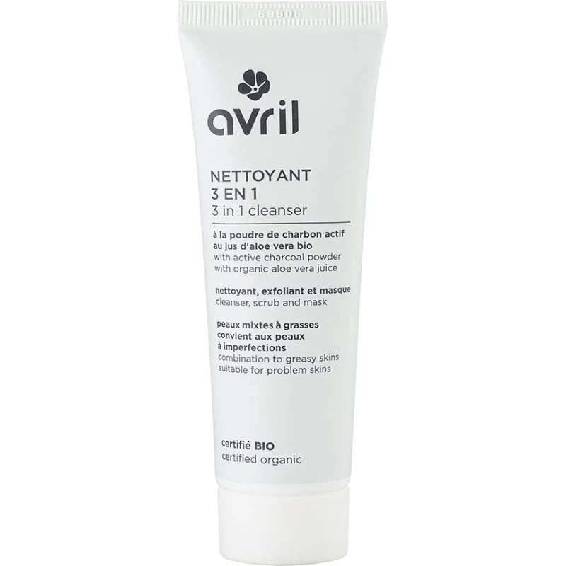 Avril 3 i 1 rens med aktivt kulpulver til fedtet hud, 50ml
