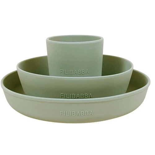 Filibabba Silikone Spisesæt Green — kop, skål og tallerken