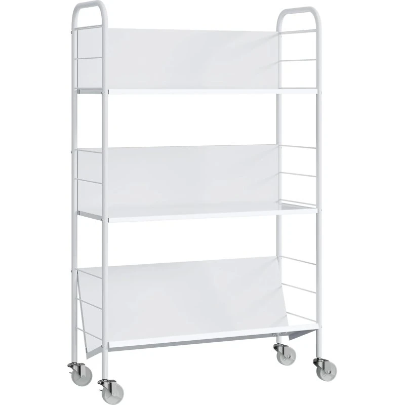 Bogreol med 3 hylder og hjul, hvid, 69 x 26 x 108 cm