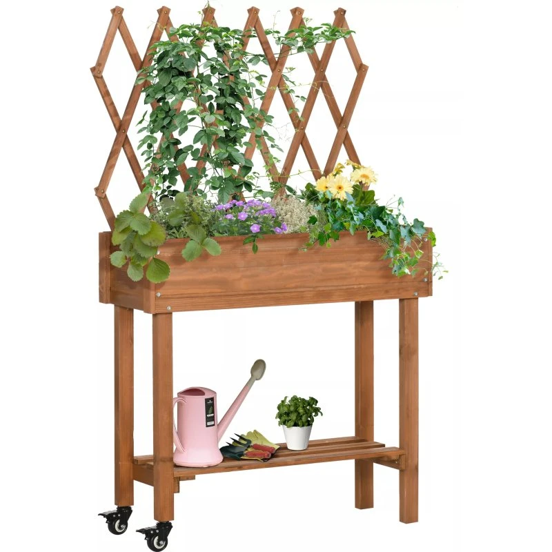 Højbed med espalier og hjul, massivt træ, brun, 79x29x130cm