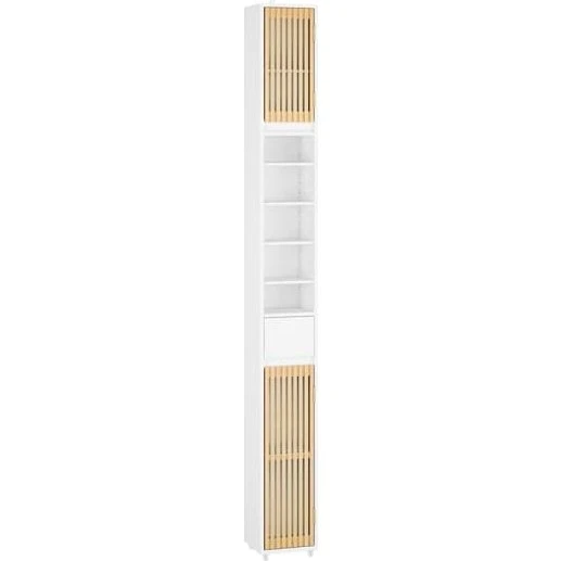 SoBuy Smalt badeværelsesskab med bambusdør, Hvid/Natur 20x20x180cm