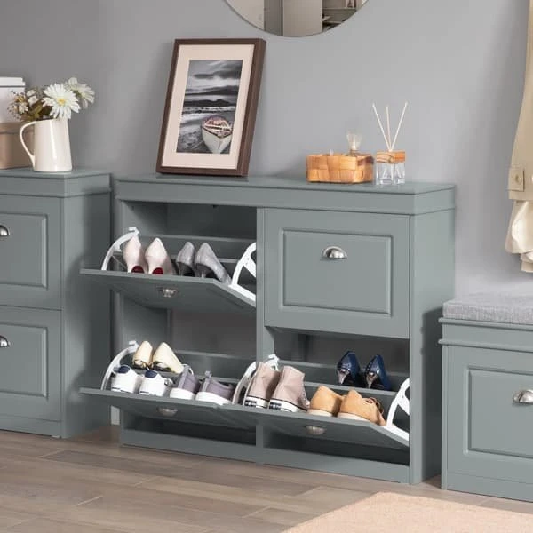 SoBuy Smalt skoskab med 4 klapdøre, Grå, 105x24x82cm FSR79-HG