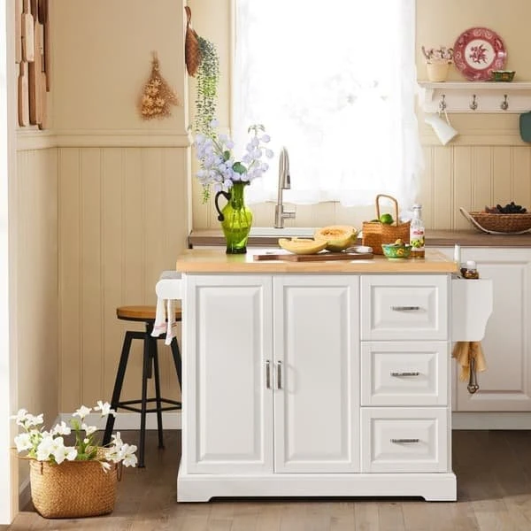 SoBuy Køkkenvogn med hjul, 3 skuffer & gummitræ | Hvid 130x71x91 cm
