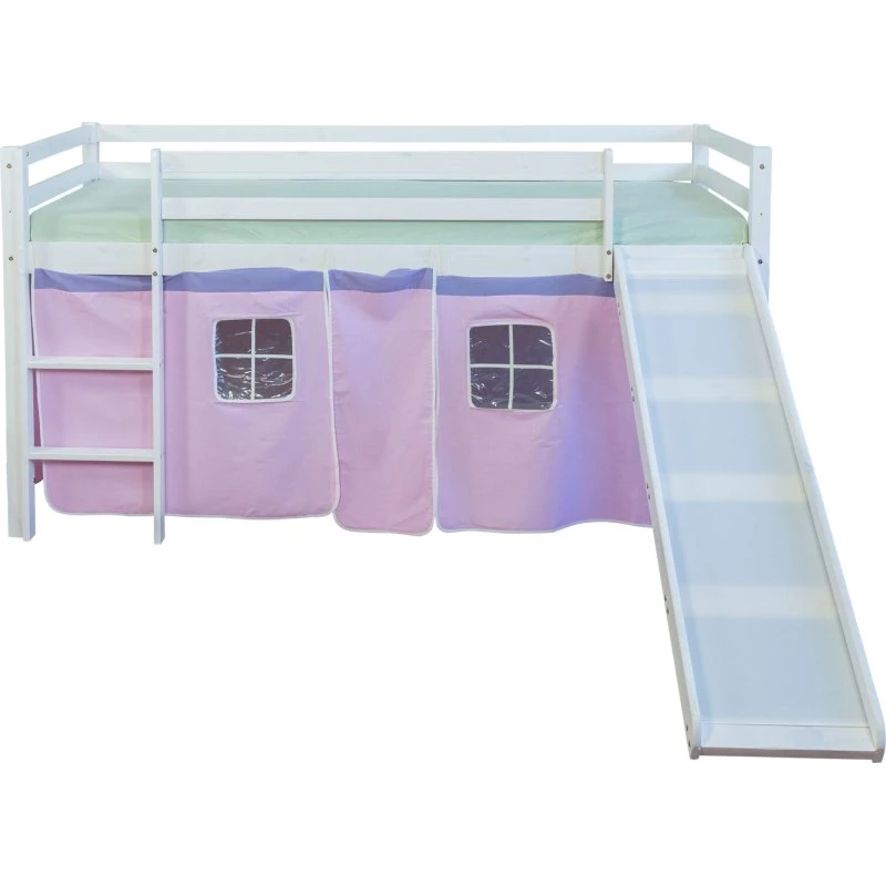 Loftseng med rutsjebane og gardin, Hvid/Pink, 207,5x110x219,5 cm