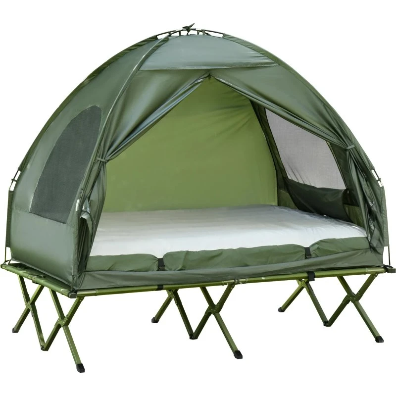 Camping Sengsæt med Kuppeltelt, Feltseng og Luftmadras - Grøn