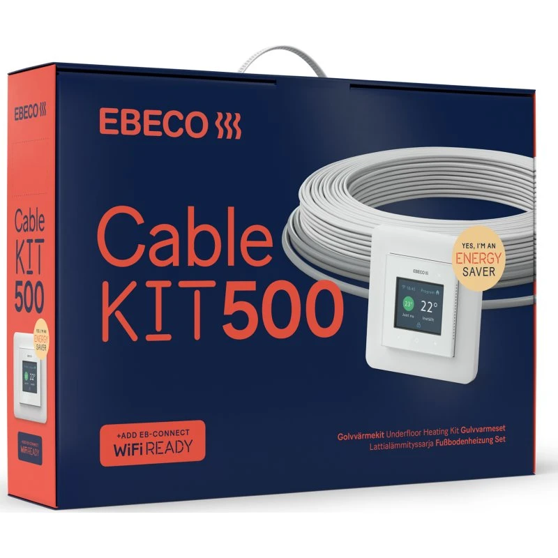 Ebeco Gulvvarmesæt med Wifi, Termostat & Varmekabel, 1380W, 124m