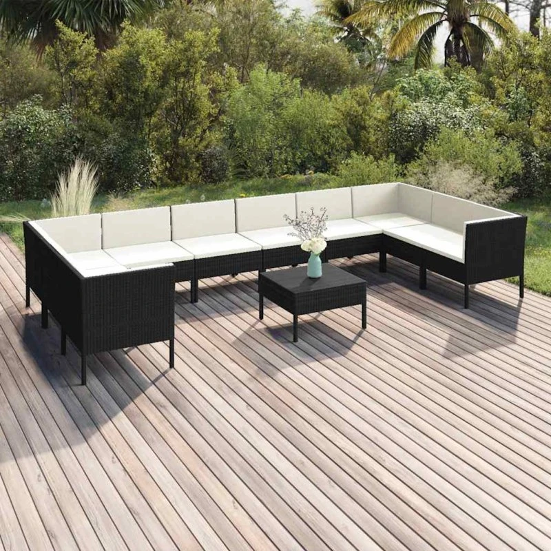 vidaXL Loungesæt til haven 11 dele med hynder, sort polyrattan
