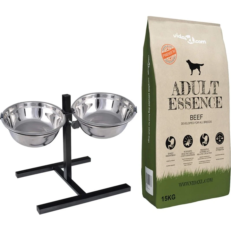 vidaXL Fodringsstativ med 2 skåle og 15 kg hundefoder, Sølv/Sort