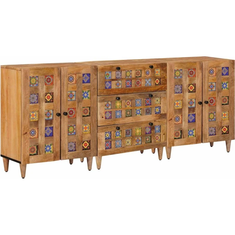 vidaXL Sideboard 3 stk. i massivt mangotræ, naturfarvet