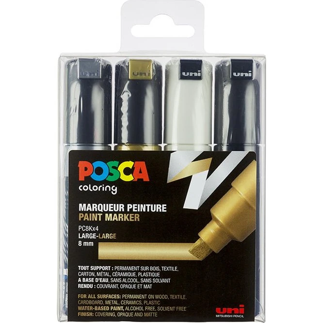Uni Posca 8K Tuscher - 4 stk. - Sort, hvid, guld og sølv