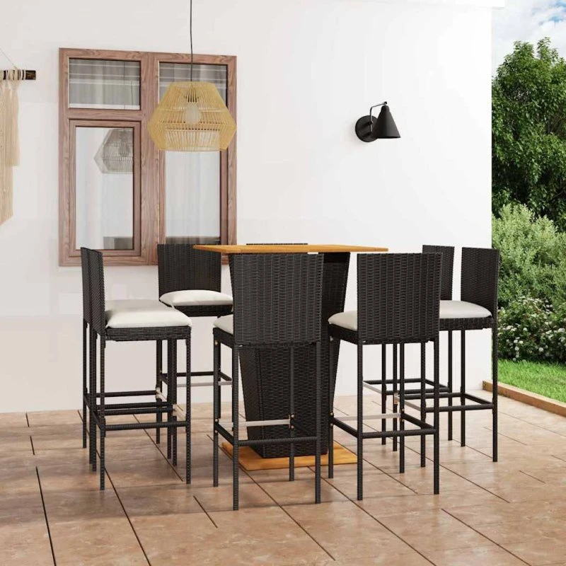 vidaXL Barsæt til haven 9 dele i sort polyrattan med akacietræ