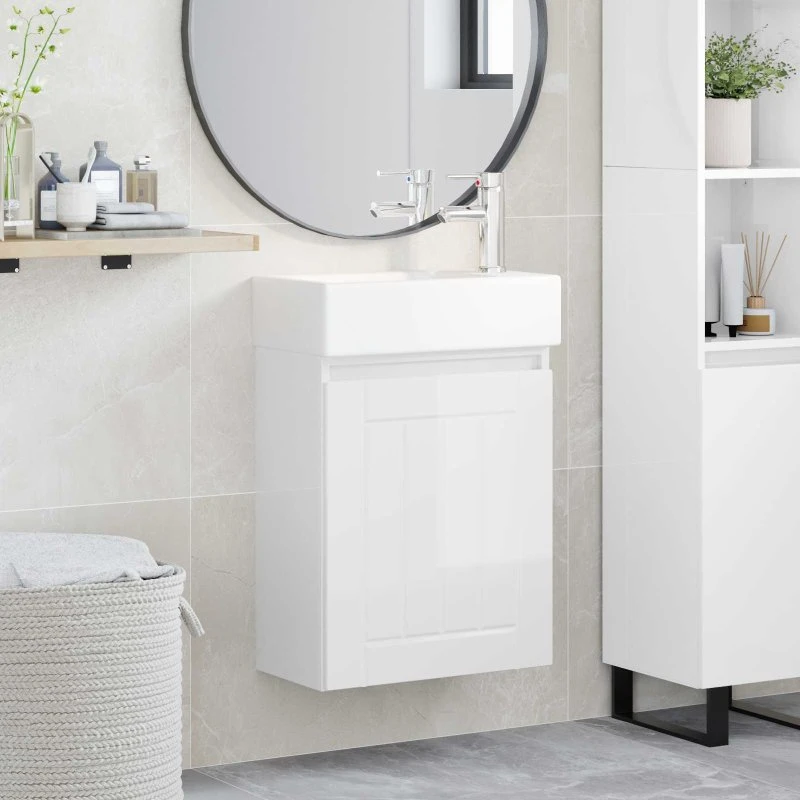 vidaXL Badeværelses Vanity-enhed med Armatur, Hvid Højglans, 45,5x25,5x84 cm