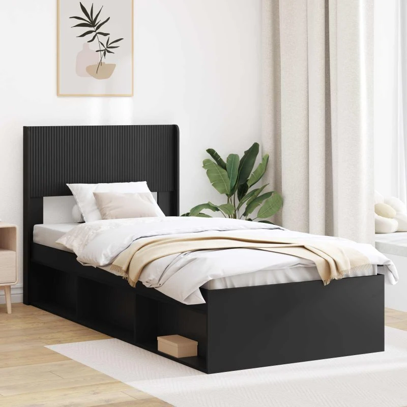 vidaXL Sengestel med opbevaring og hovedgærde, Sort, 75 x 190 cm