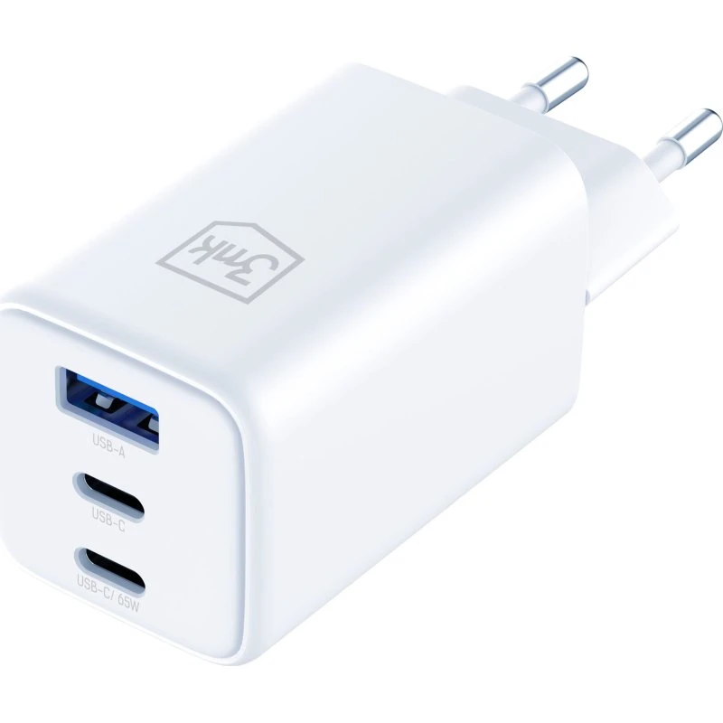 3mk Hyper Adapter 65W GaN - 1x USB-A & 2x USB-C - Hvid
