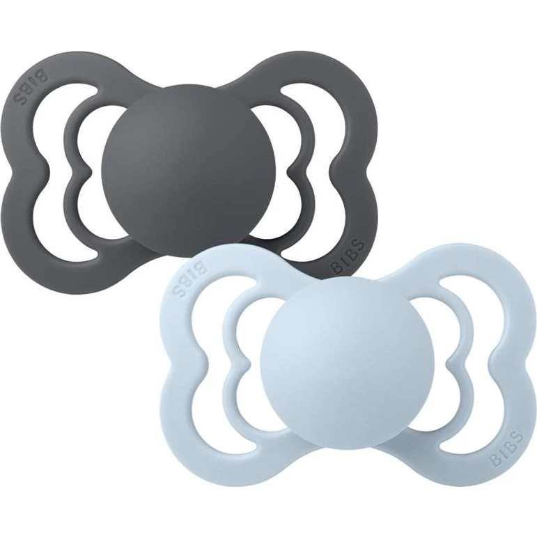 BIBS Supreme 2-pak Silikone Str. 2 (6–18 mdr) – Iron/Baby Blue