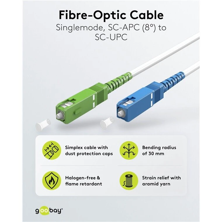 Goobay FTTH fiberkabel OS2 singlemode 1 m SC-APC/SC-UPC hvid