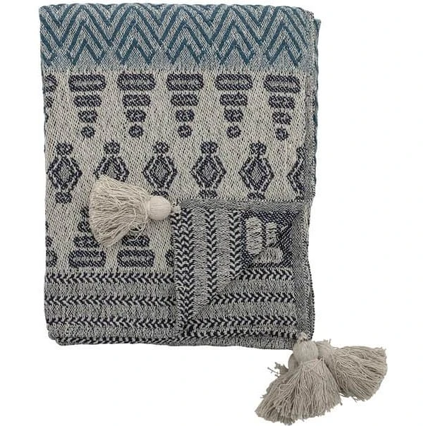 Bloomingville plaid 160x130 cm – blå grafisk mønster, genanvendt bomuld